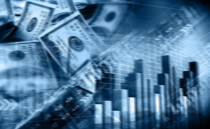 Blue collage of US dollar bills with rising bar charts and financial market data indicators.